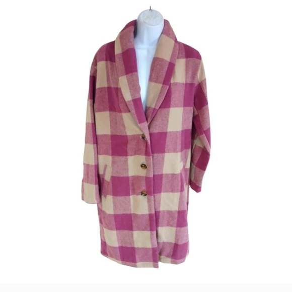 RD Style Pink Cream Plaid Lucy Long Cardigan Coat Small - Picture 1 of 2